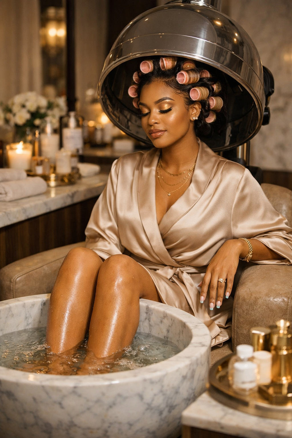 A calm, polished woman enjoying a relaxed, luxurious moment